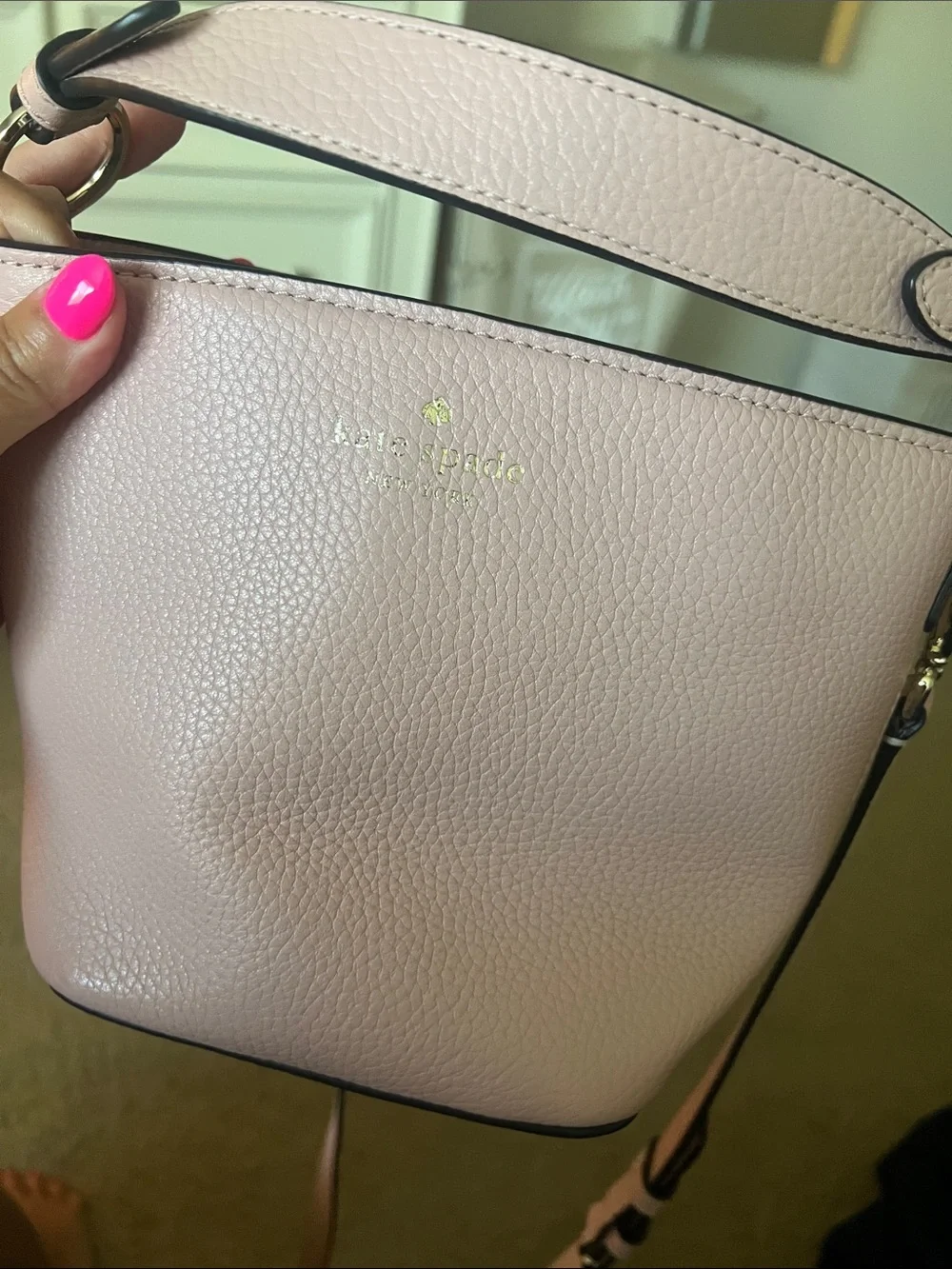 NWOT Kate Spade Pink Pebbled Leather Drawstring Bucket Crossbody